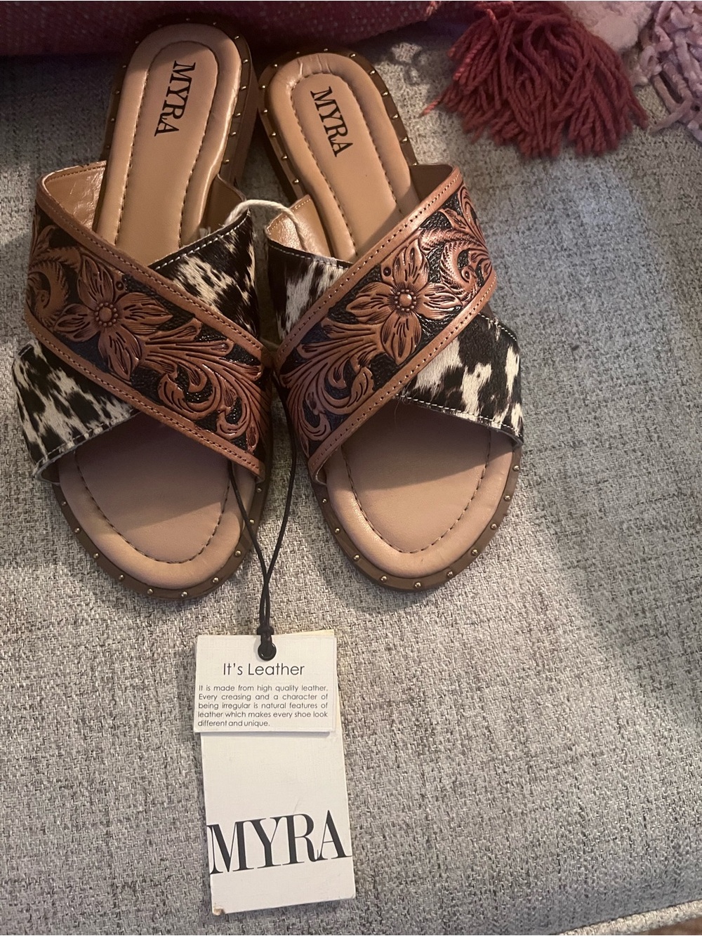 Myra Bag Brown Floral Tooled Leather and Black White Cowhide Slide Mules